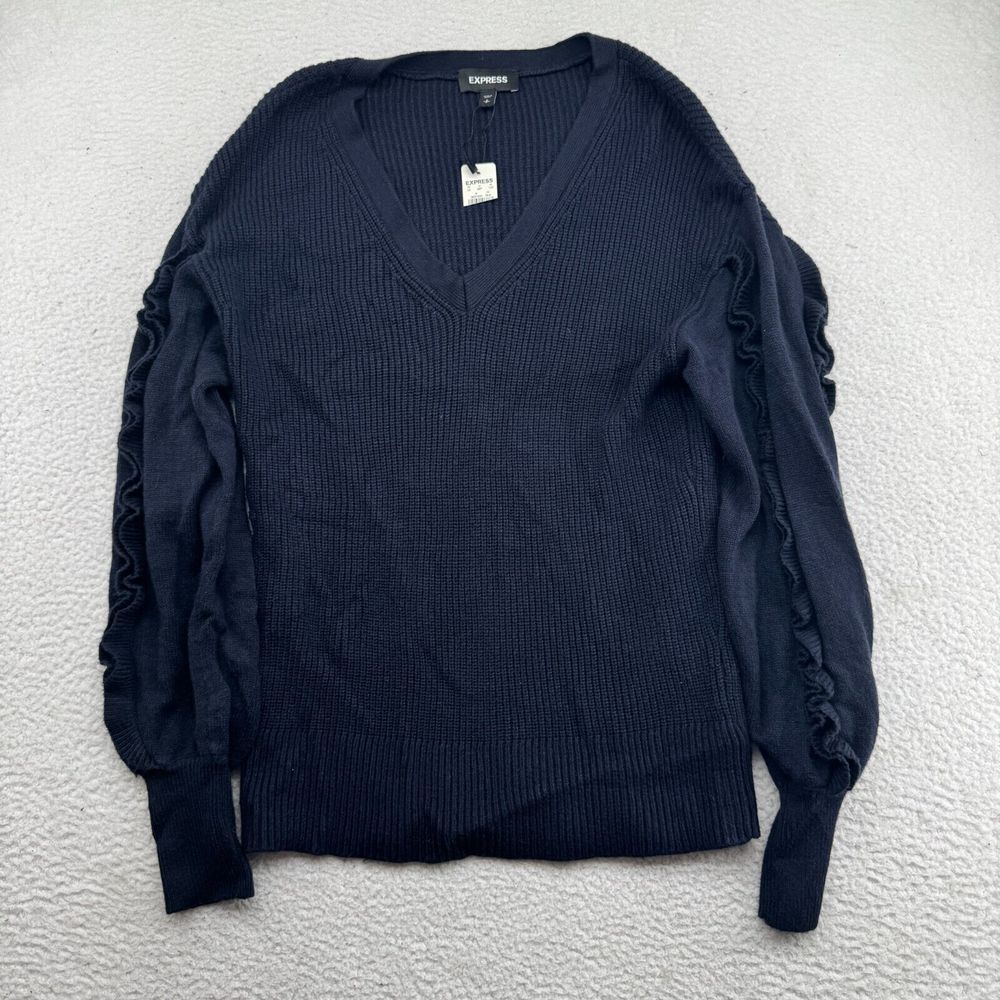 NWT Express Sweater Womens Small Navy Blue V-Neck Ruched Sleeves Knit Pullover